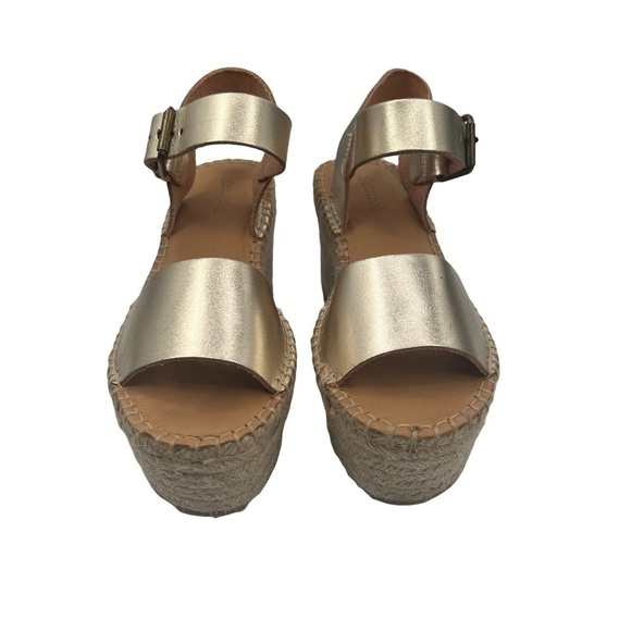 Soludos Gold Leather Platform Jute Braided Wedge Sandals Size 5.5 Women’s - Picture 1 of 7